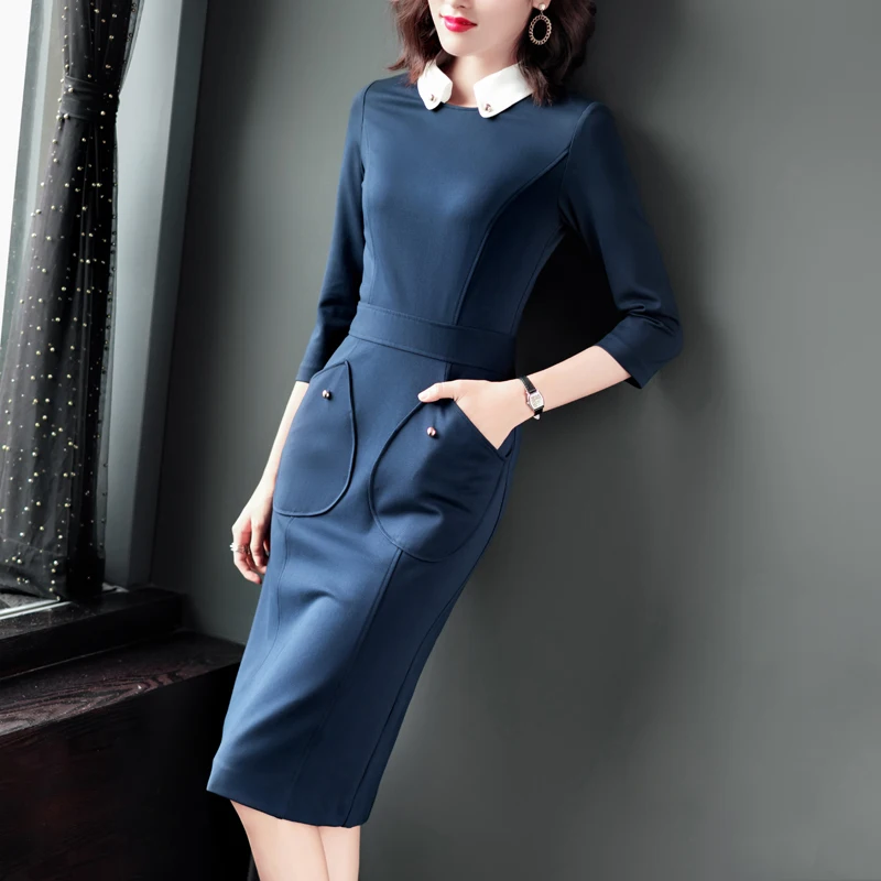 

2021 Spring Fall Elegant Dress Women OL Formal Office Ladies Work Pencil Midi Slim Fit Business Dresses Female Clothes Plus Size