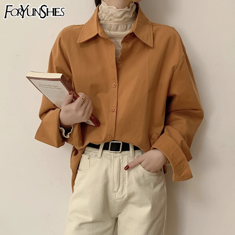 

FORYUNSHES 2021 Women Elegant Blouse Vintage Casual Shirt Solid Long Sleeve Tops Korean Loose Blouses Office Lady Shirt Female