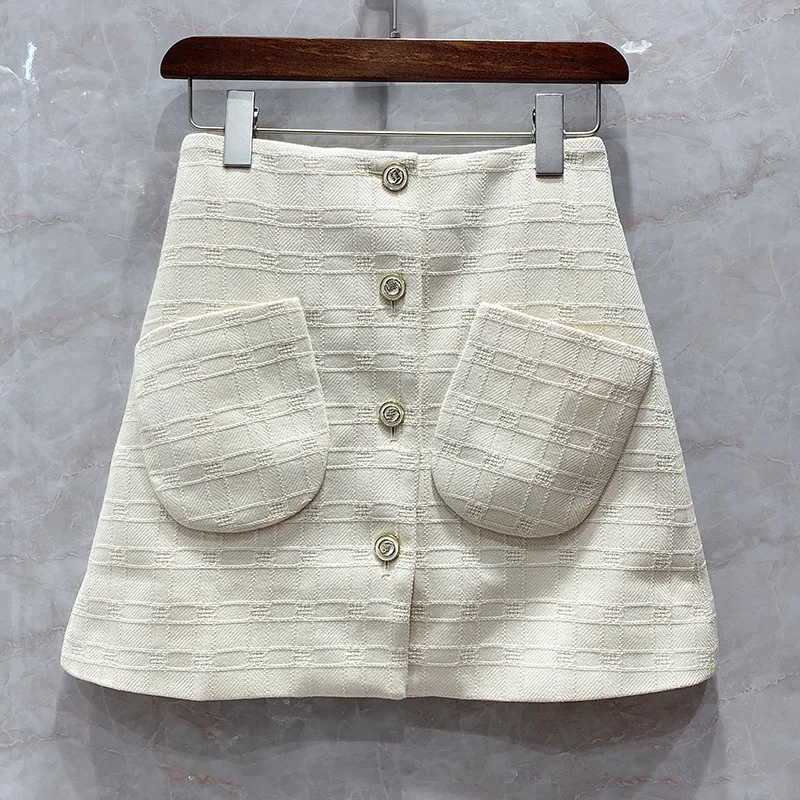 

Runway Wool Blend Mini Skirt Women 2020 Summer Woolen Fashion Patchwork Pockets Buttons Luxury Brand Elegant Plaid Skirts