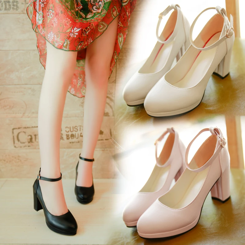 

Туфли Мэри Джейн с закрытым носком, кожаные туфли в стиле ретро, с круглым носком, на толстом высоком каблуке, белые, весна-осень