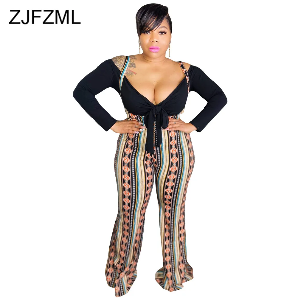 

Vintage Plus Size 2 Two Piece Matching Sets Women's Outfits Deep V Neck Long Sleeve Tops and Striped Suspender Bell Bottom Pant