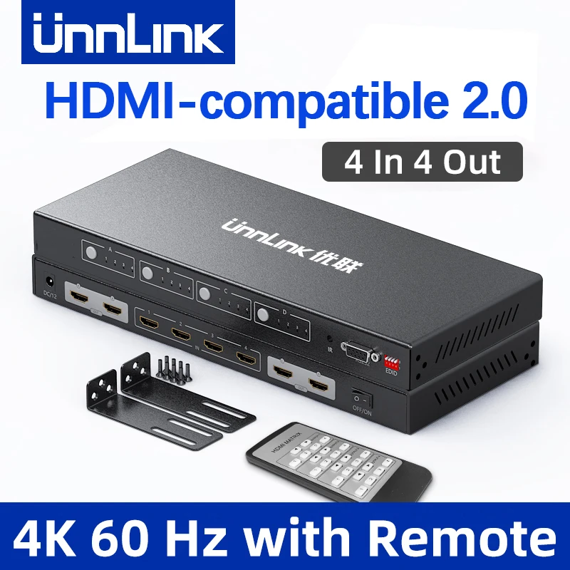 

Unnlink Splitter HDMI-compatible 2.0 Matrix 4x4 UHD 4K 60Hz HDCP 2.2 Switch 4 Input 4 Output RS232 IR Remote for TV PS4 PC