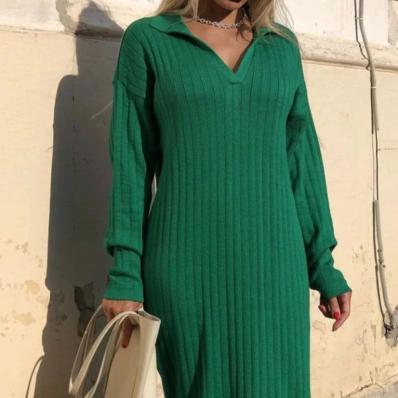 

Платье-Свитер женское трикотажное с отложным воротником и длинным рукавом