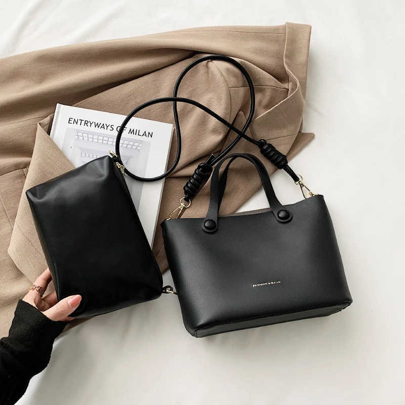 

2 Piece Set Bags For Women Versatile Designer Luxury Handbag Soft PU Leather Shoulder Bag Vintage 2021 Summer New Solid Tote Bag