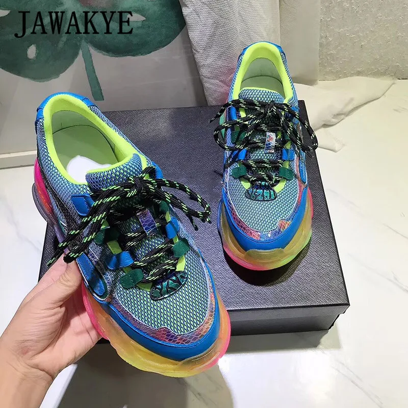 Разноцветные прозрачные кроссовки на толстой подошве Женская дышащая обувь