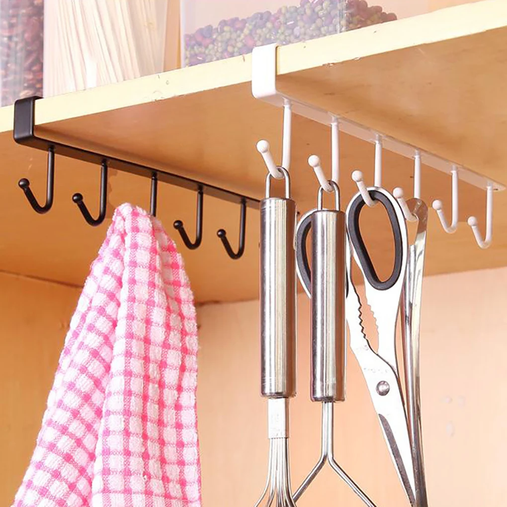 

Black/White Iron 6 Hooks Cup Holder Hanging Bathroom Hanger Kitchen Organizer Cabinet Door Shelf Removed Storage Rack Home Decor