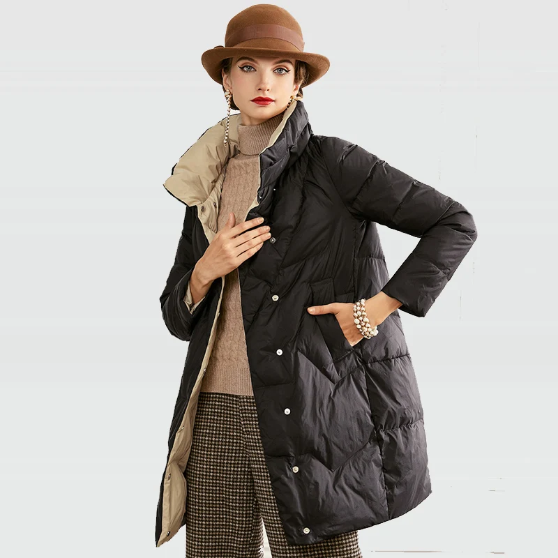 Женская длинная куртка пуховик с воротником стойкой 90% белого утиного пуха