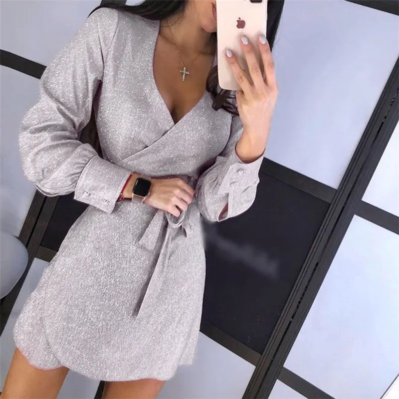 

Sexy Deep V-neck Elegant Silk Shiny Dress Women Autumn Long Sleeve Lace-up Party Dress Fashion Glitter Ladies Mini Bodycon Dress