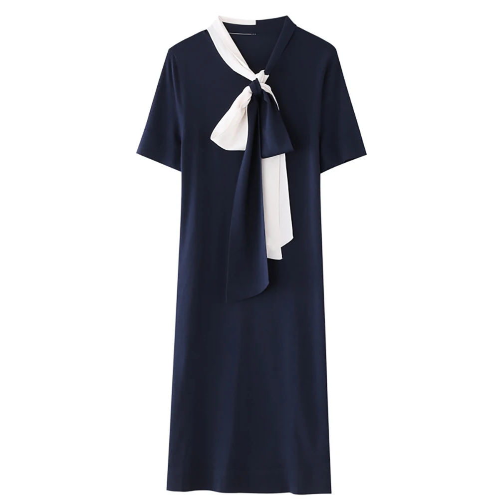 

Elegant Vintage Fashion Lace Up Bow Midi Summer Dress Woman Short Sleeve Straight Dark Blue S-XL Thin Dresses For Women 2021
