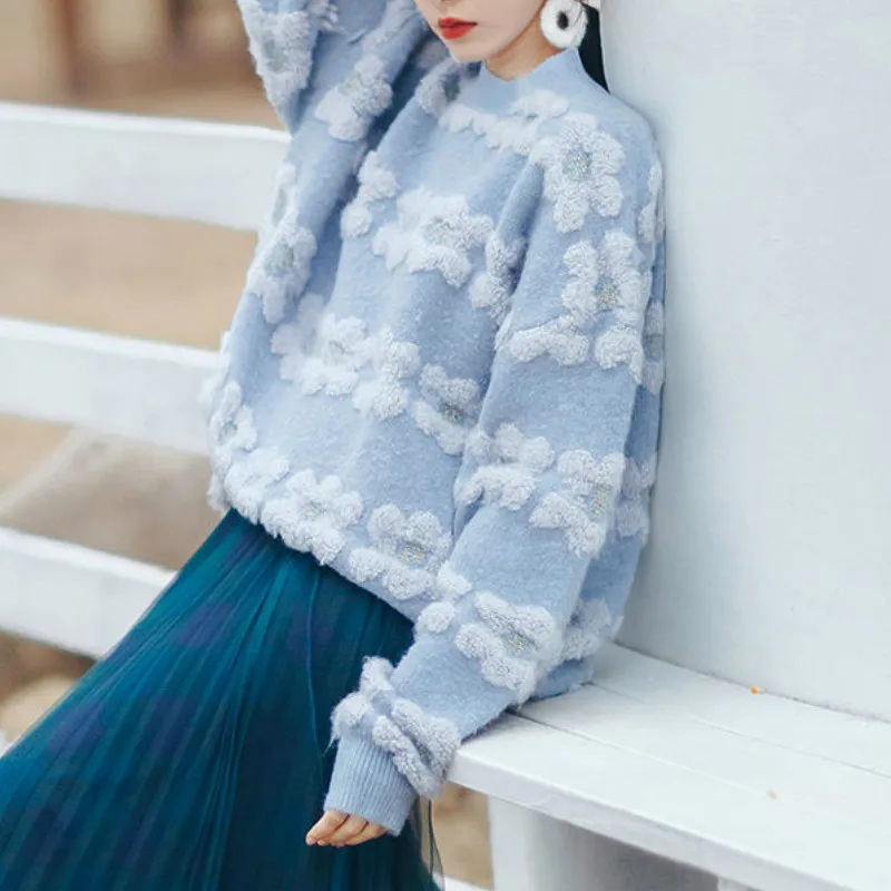 

Women Casual Vintage Sweet Pullover Floral O-neck Long Sleeve Loose Korean Knitted Sweater Women's Clothing Autumn 2021