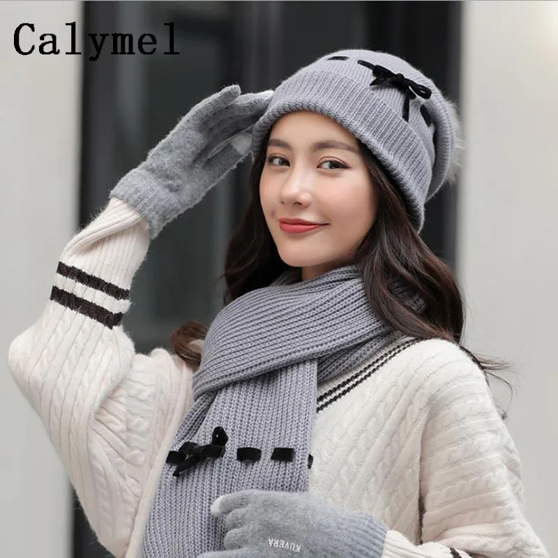G68 Blue Gray Calymel Новая Зимняя шерстяная шапка шарф перчатки набор женская вязаная шерстяная шапка шарф плюс бархат толстый теплый для улицы - Цвет: G68 Blue Gray