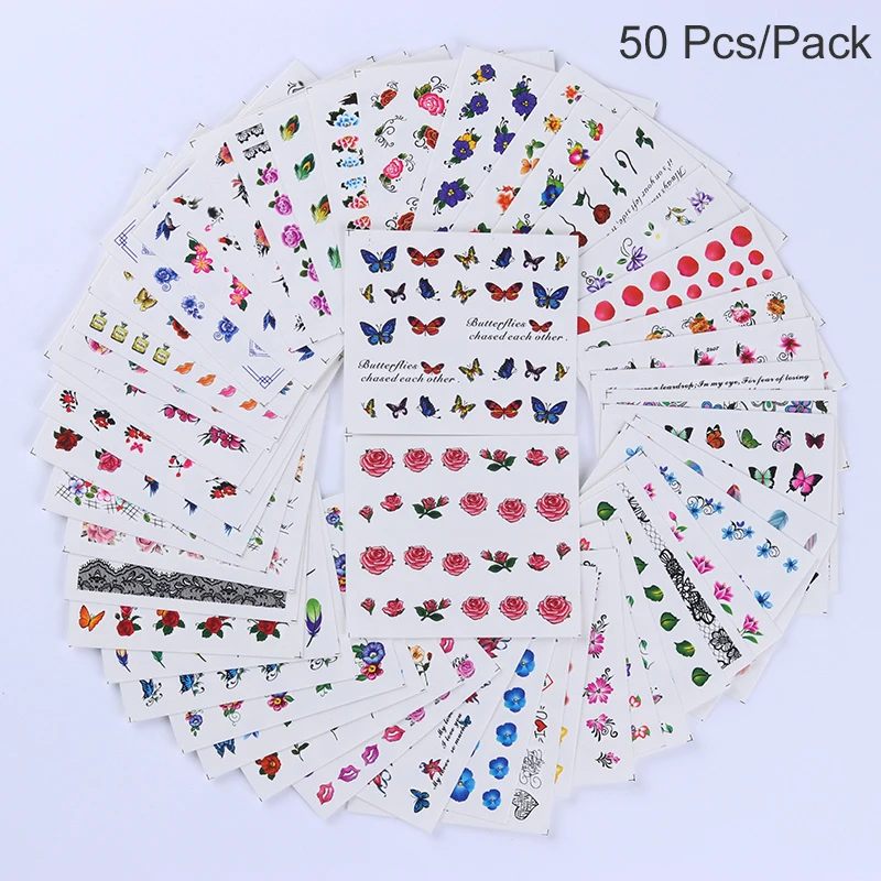 50 Pcs-Flower 50 шт., водная переводная наклейка для ногтей, цветочный дизайн ногтей, наклейки s, татуировки, кончики пальцев, наклейки, украшения для ногтей, инструменты для маникюра - Цвет: 50 Pcs-Flower