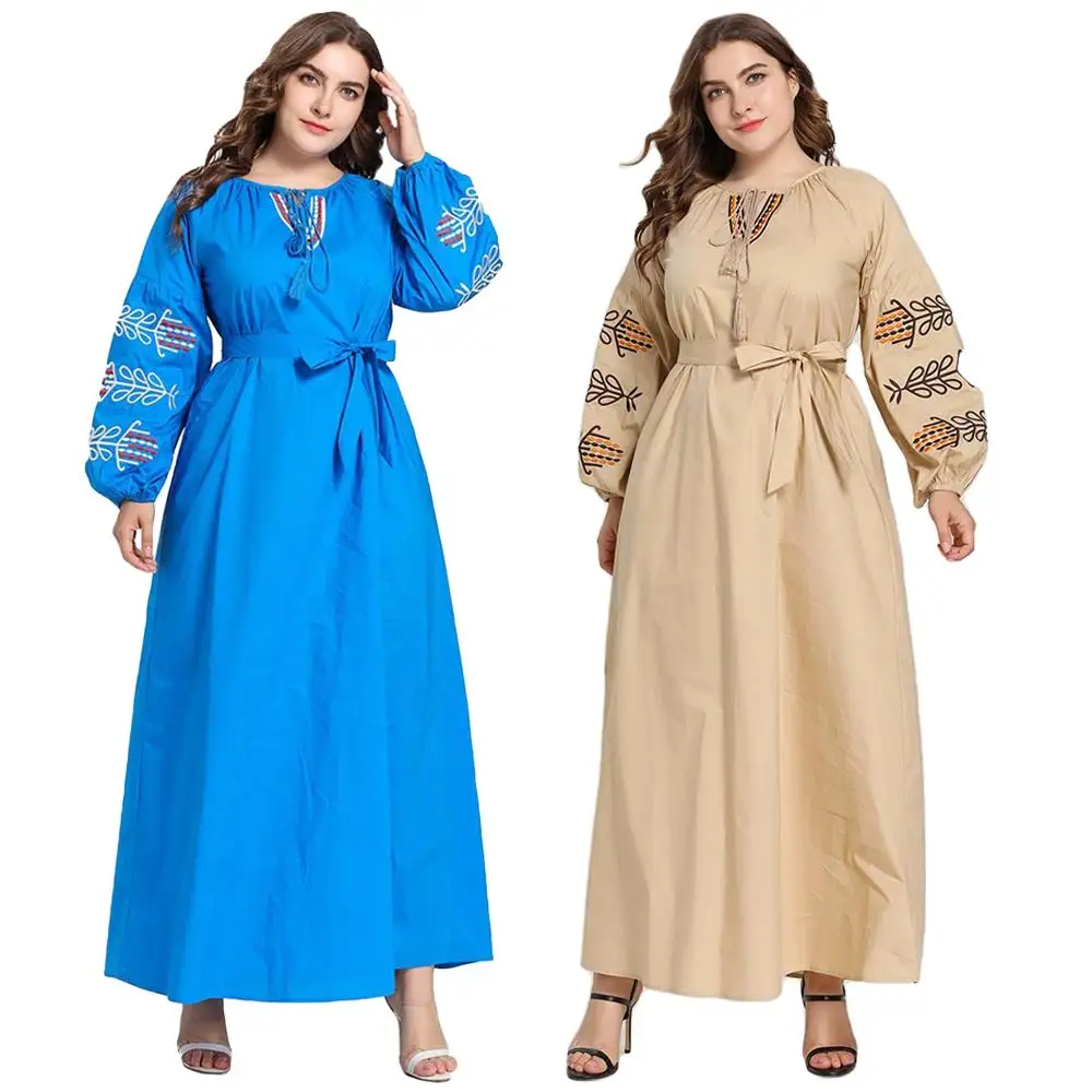 

Мусульманское женское платье с вышивкой Abaya Дубай Длинное Платье Макси Кафтан платье арабский цзилбаб круглый вырез кулиска Исламская одеж...