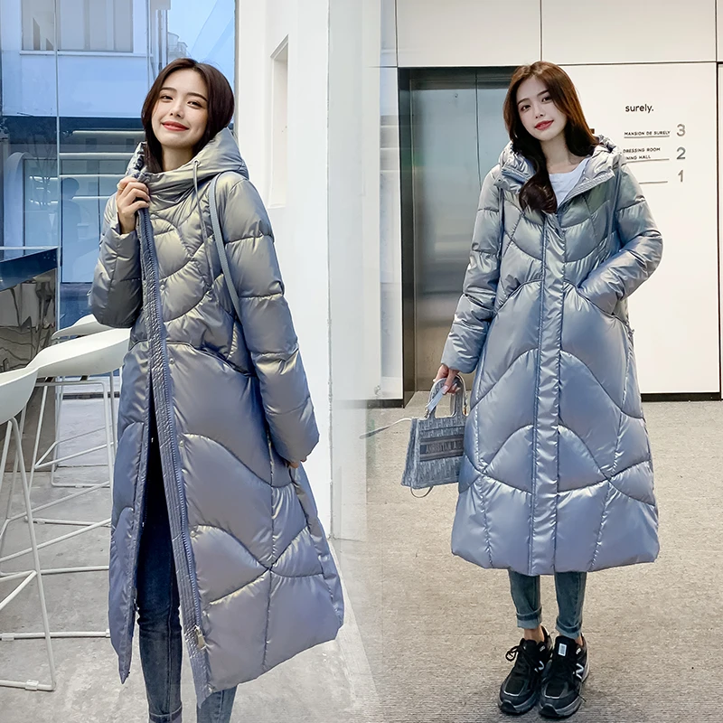 

Women Winter Jacket Hooded Coat Cotton Padding Warm Glossy Long Puffer Jackets Parkas Mujer Winter Coat Female