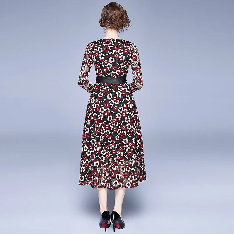 

Women Spring & Autumn Elegant Sexy Slim Lace Dress Designer O Neck High Quality Vintage Party Robe Femme Dresses Vestidos