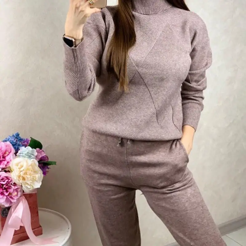 Turtleneck Pullovers And Long Knitted Pants Sets Thick Tracksuit Women Knit Suits Solid Winter Sweaters | Женская одежда