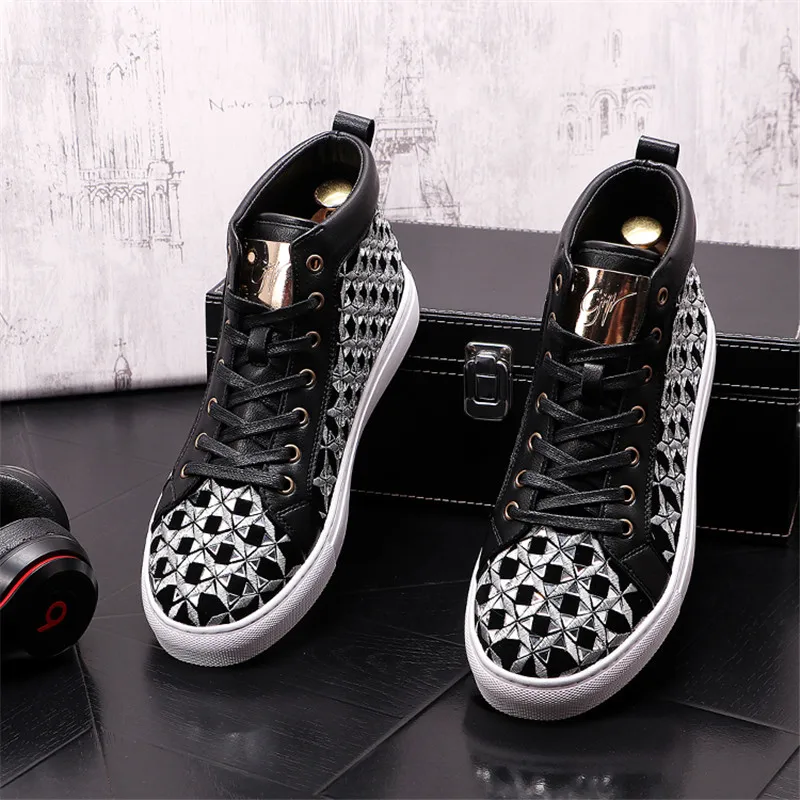 Beli Sneakers Mewah Designe Perak Emas Baru Sepatu Kasual Kulit Atasan Tinggi Punk Pria Sepatu Bot Pergelangan Kaki Hip Hop Zapatillas Hombre