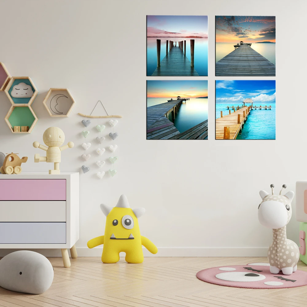 

Blue Teal Office Wall Art Artwork Bridge Lake Sunset Canvas Painting for Bedroom Office Wall Decor Poster Print Home Decor