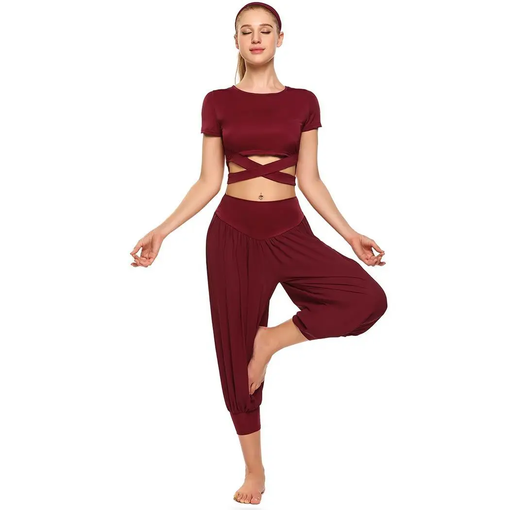 Женский комплект из 3 предметов для йоги короткий рукав летний укороченный