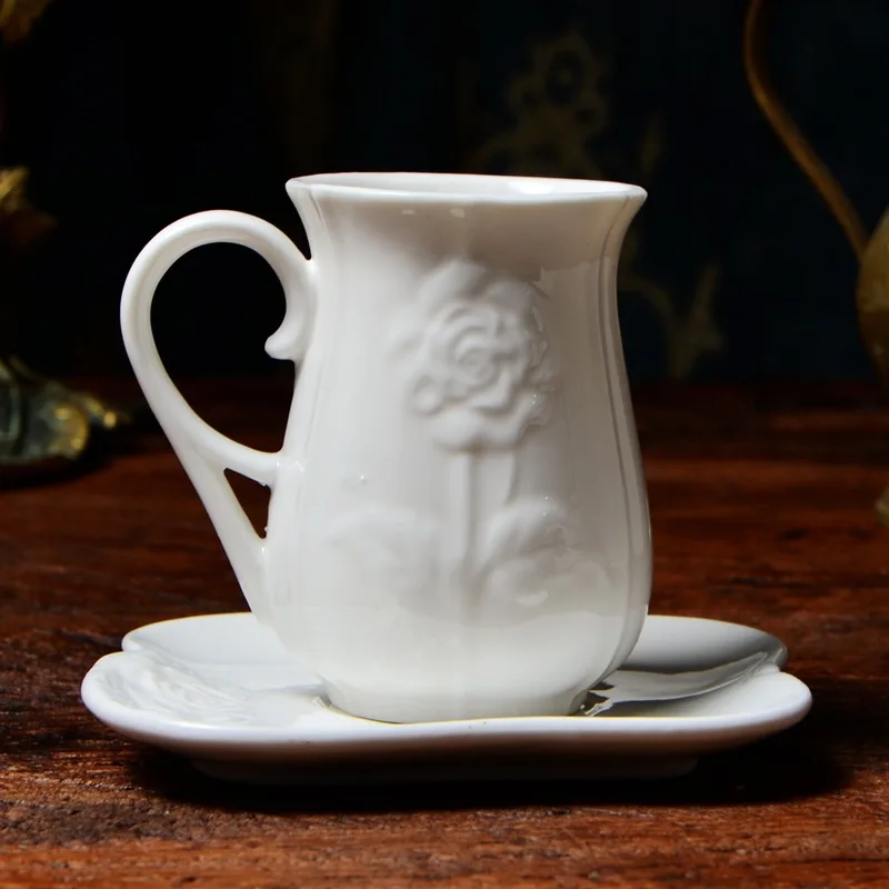 

European style simple white luxury atmosphere embossed ceramic bone china exquisite small coffee cup set 51-100ML