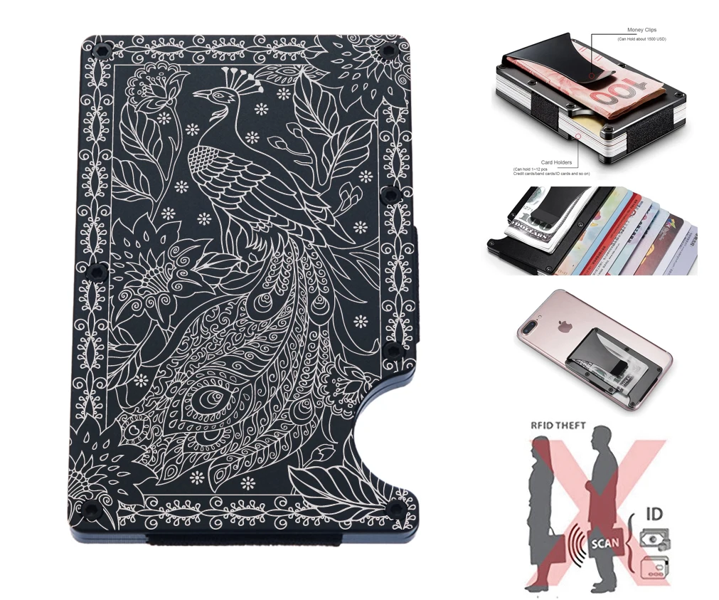

Peacock Engraved Pattern Minimalist RFID Blocking Money Clip Pocket Aluminum Slim Metal Wallet for Men Credit Card Holder