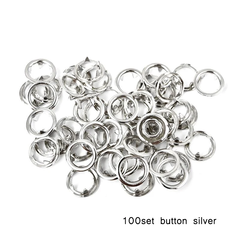 100set button silver Плоскогубцы инструмент+ 9,5 мм металлический штырь кнопки-50/100 комплекты зажимы Пресс заклепки Poppers детских ползунков Пряжка швейная машина инструмент - Цвет: 100set button silver
