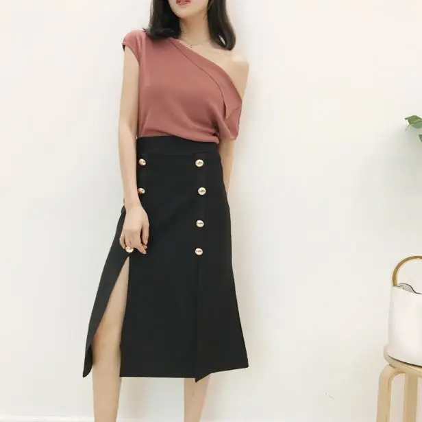 Женская юбка трапециевидной формы в Корейском стиле с высокой талией и пряжкой