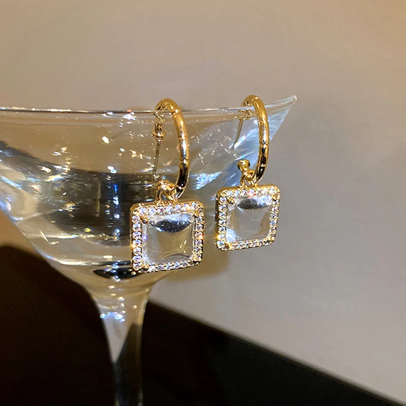 

New Fine 14K Real Gold Transparent Crystal Drop Earrings for Women Geometry High Quality Jewelry AAA Zircon S925 Silver Needle