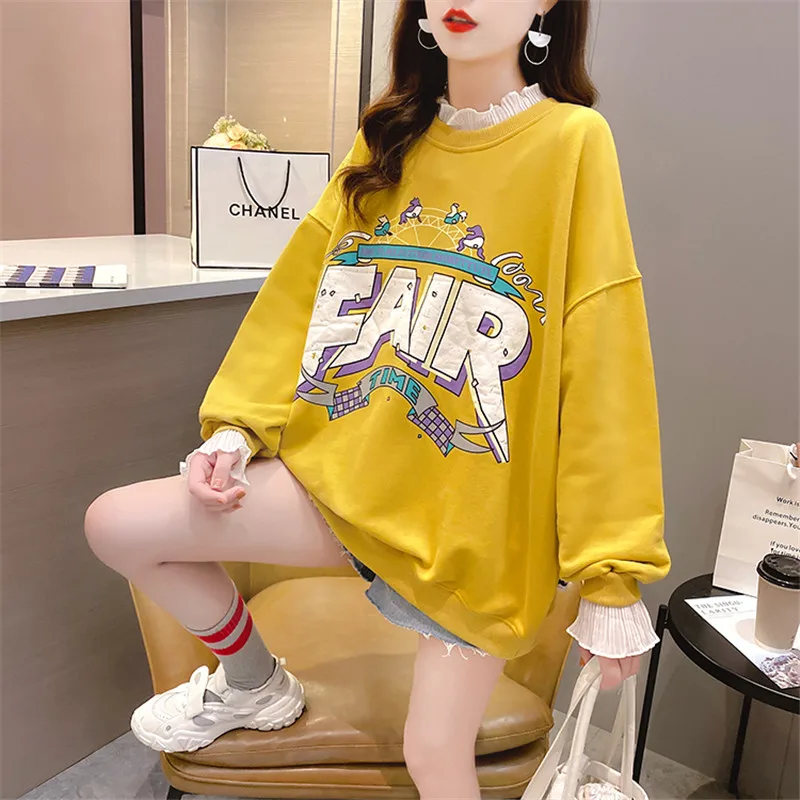 

Plus Size Ruffles Patchwork Fake Two Piece Sweatshirt Women Chic Funny Printed Long Sleeve Hoodies Autumn Spring Pullover