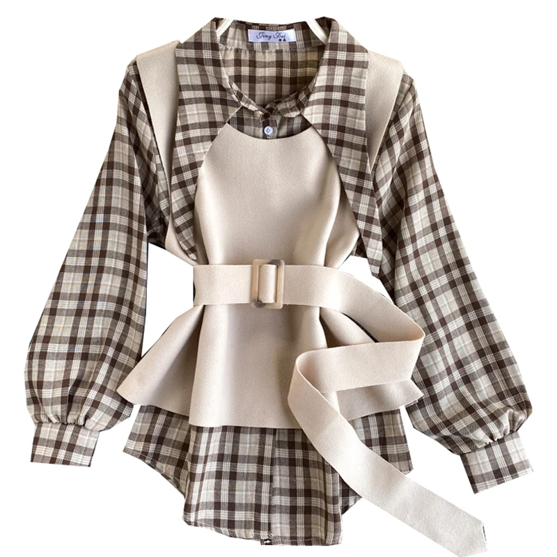 

LY VAREY LIN New Spring Autumn Women Fashion Lace Up Woolen Vest Two Piece Set+elegant Lantern Sleeve Top Plaid Button Up Shirt