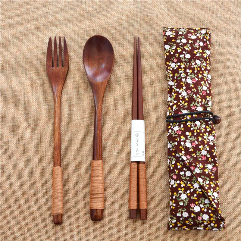 

Portable Tableware Wooden Cutlery Sets with Useful Spoon Fork Chopsticks Travel Gift Dinnerware Suit With Cloth Bag