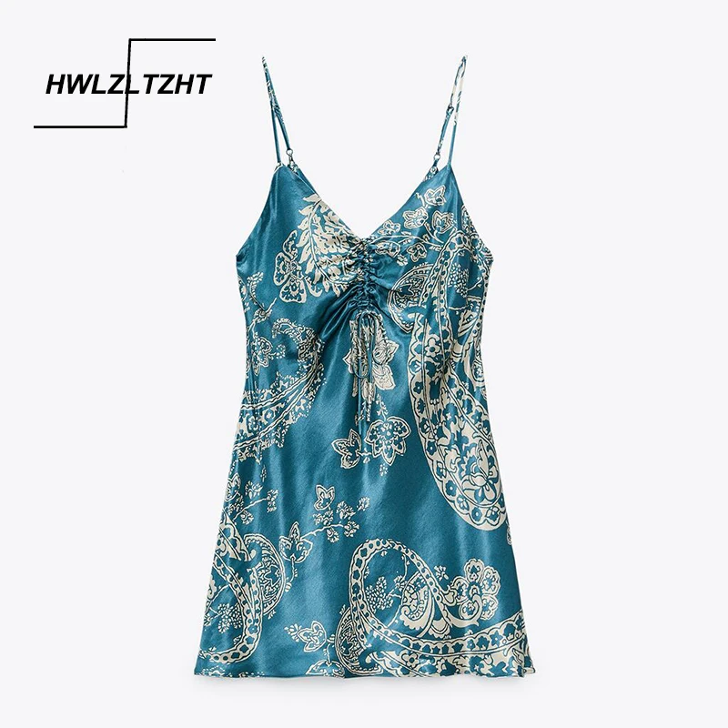 

HWLZLTZHT Women Print Slip Short Dresses 2021 Summer Ruched Adjustable Straps Backless Mini Sexy Dress Chic Casual Party Dress