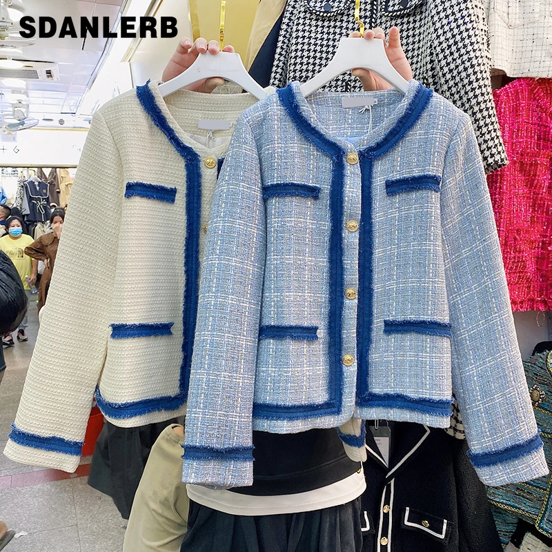 

Женский твидовый Кардиган с длинным рукавом, элегантный кардиган контрастных цветов с круглым вырезом, куртка контрастных цветов, весна-ос...