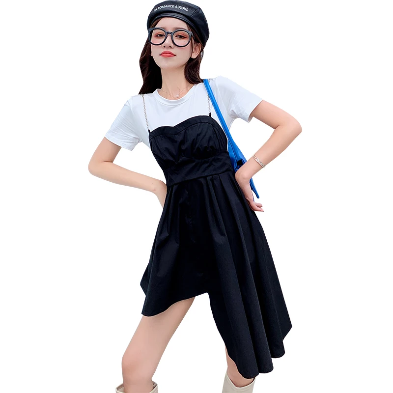 

Asymmetrical hem holiday two summer dress new metal zipper chain skirt with shoulder-straps small skirt