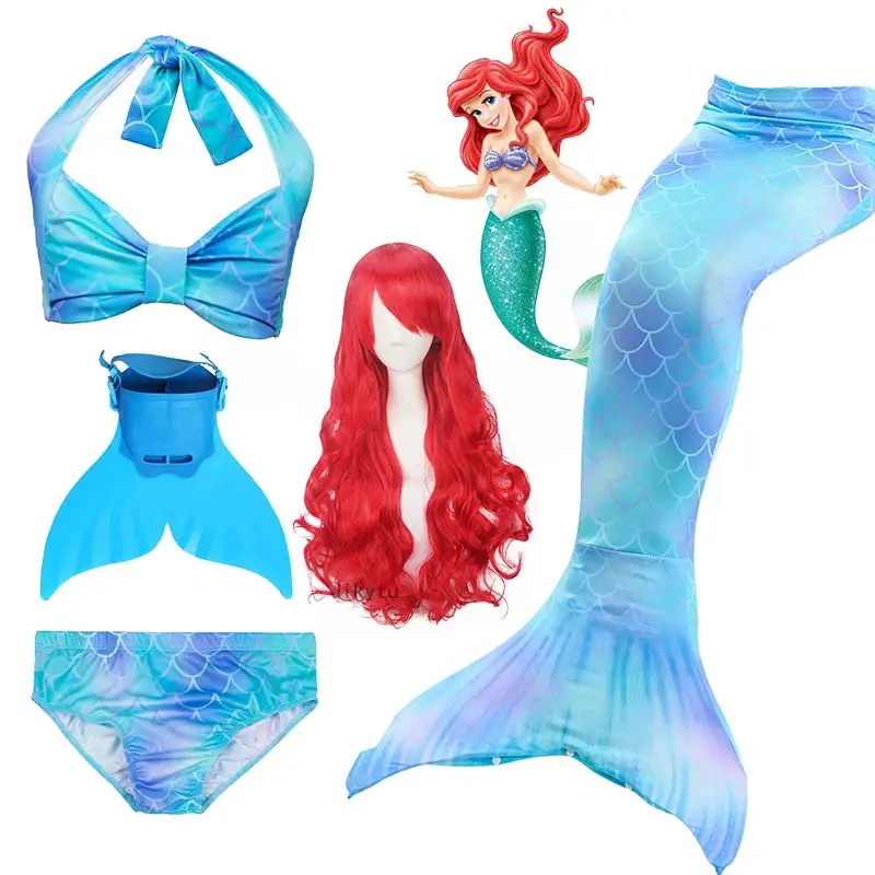 

Kids Ariel Little Mermaid Tail with Monofin Swimmable Costume Cosplay Wig Swimming Wear Flipper Swimsuit Girls Shorts Bikini Bra