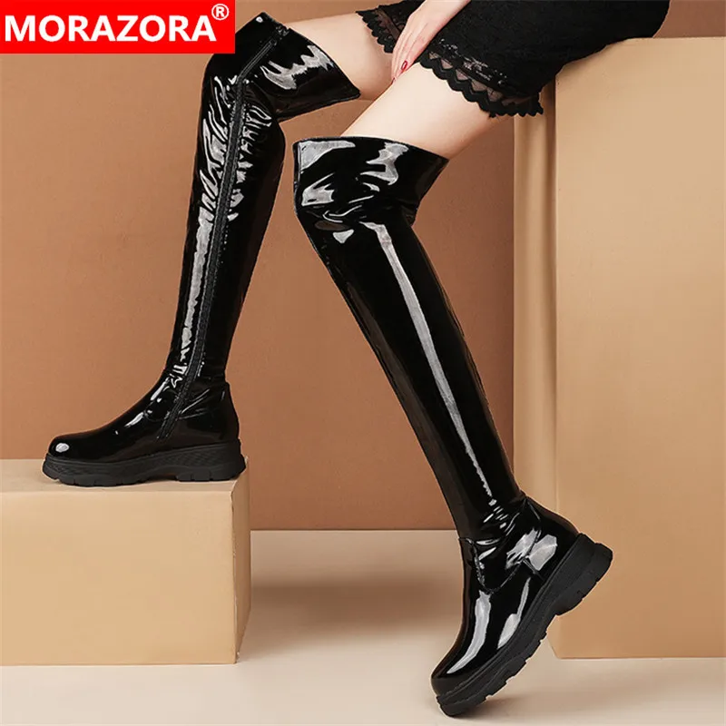 

MORAZORA 2021 Over The Knee Boots Women Flat Platform Shoes Sexy Slim Casual Shoes Women Patent Leather Stretch Boots Women
