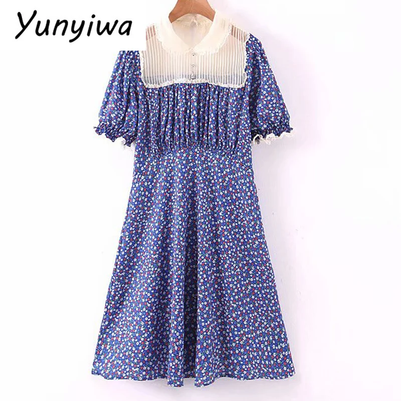 Женское Полупрозрачное платье в стиле пэчворк голубое трапеция с цветочным