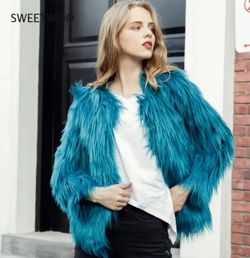 

Elegant Furry Fur Coat Women Fluffy Warm Long Sleeve Female Outerwear Autumn Winter Coat Jacket Hairy Overcoat 4Xl