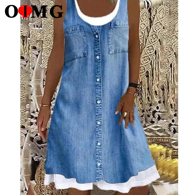 

OIMG Fake Two Piece Loose Dress Women Sleeveless Blue Denim Print Straight Dresses S-3XL Large Size Sundress Dropshipping 10234