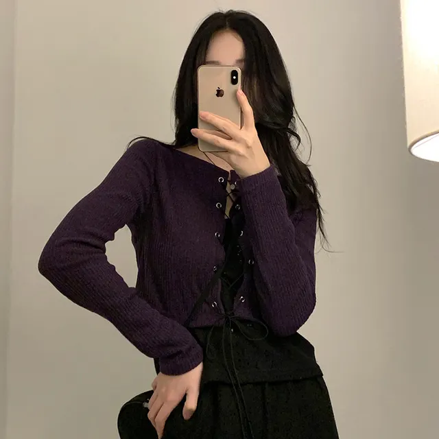 

Korean Ins Early Spring Retro Grape Purple Drawstring Lace Design Hollow Knitted Cardigan Women's Short Top