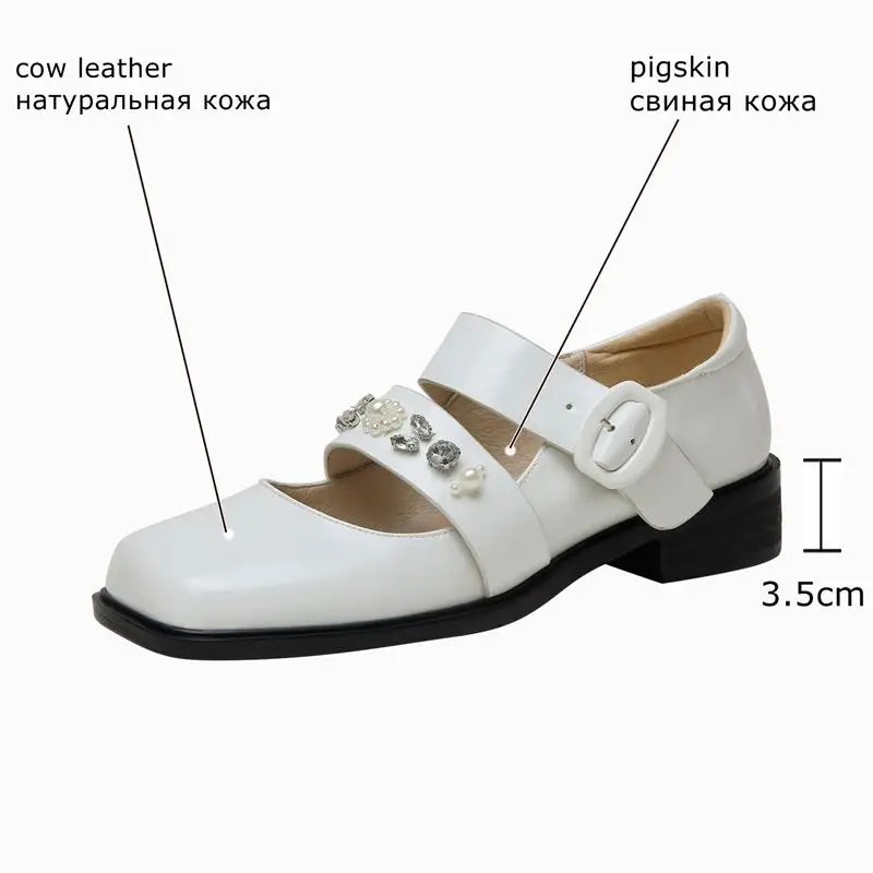 

ALLBITEFO rhinestone buckle strap genuine leather women heels shoes fashion office work shoes low heel shoes high heels