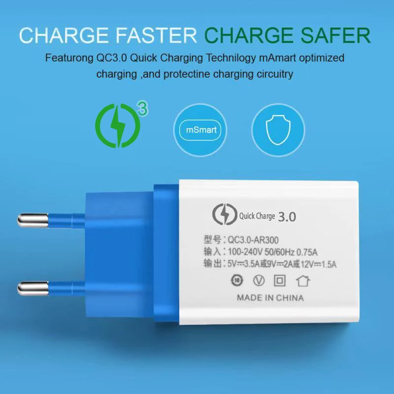 EU/US быстрое зарядное устройство QC 3,0 для мобильных телефонов через USB кабель для зарядного устройства для быстрой Зарядное устройство стены Зарядное устройство для samsung Xiaomi huawei iphone X, 6, 7, 8, 11 Зарядное устройство