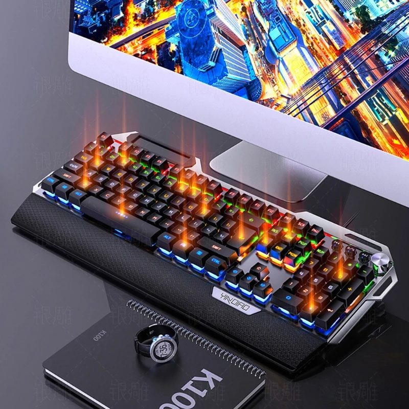 

104Keys USB 7 Color RGB Aluminum Alloy Esports Gaming Keyboard with Mobile Phone Stand Volume Adjustment Knob with Function J0PB