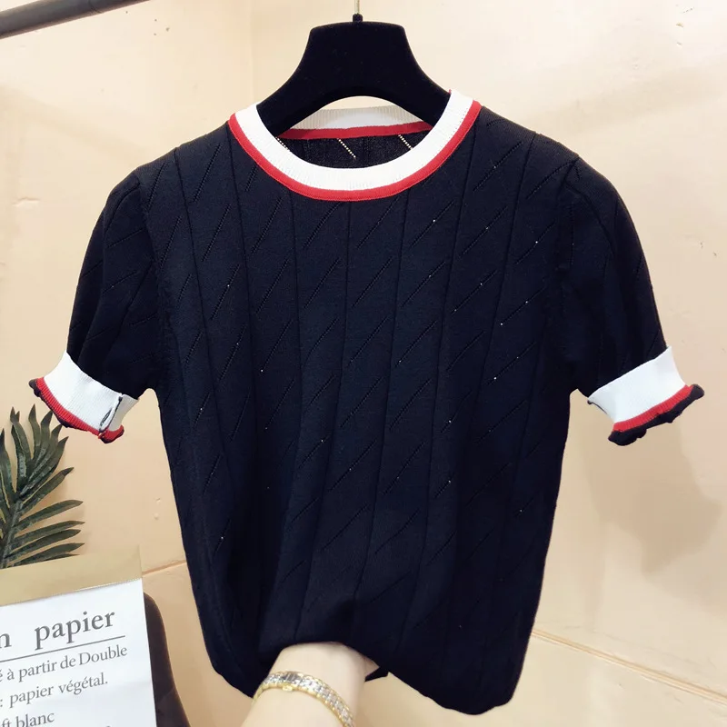 

European and American Short-Sleeved Knitted Viscose Fiber Fresh Sweet Collage Pullover ONeck Loose Women's T-shirt Solid Casual