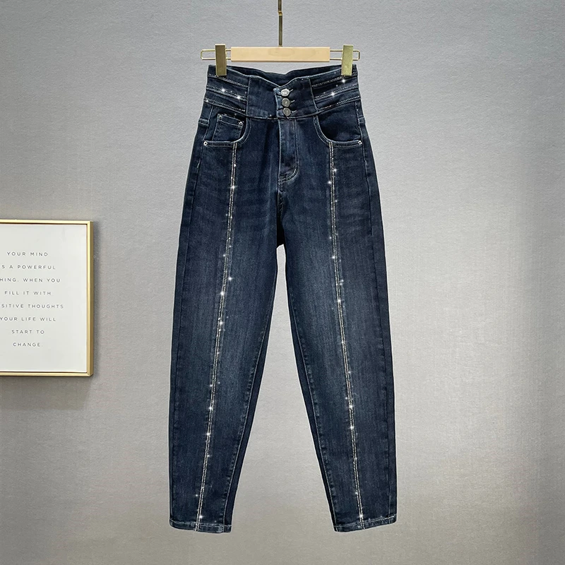 

Harem Jeans Women's Trendy High Waist Loose Hot Drilling Baggy Pants 2021 Autumn Winter New Denim Pants Students Elastic Jean