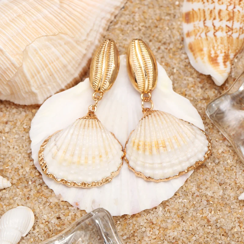 Женские серьги капельки в богемном стиле с золотым раковиной большие круглые