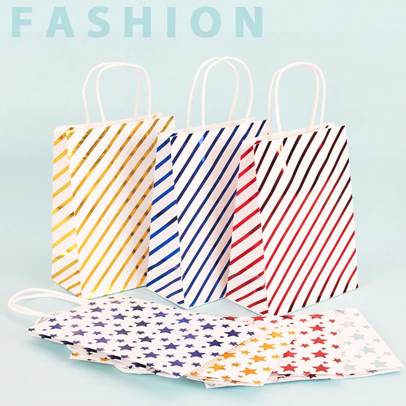 10Pcs 3Designs Hot stamping stars Diagonal stripes Gift Paper Bags New Year Wedding Party Favor Deco Package Colorful Fancy Bags