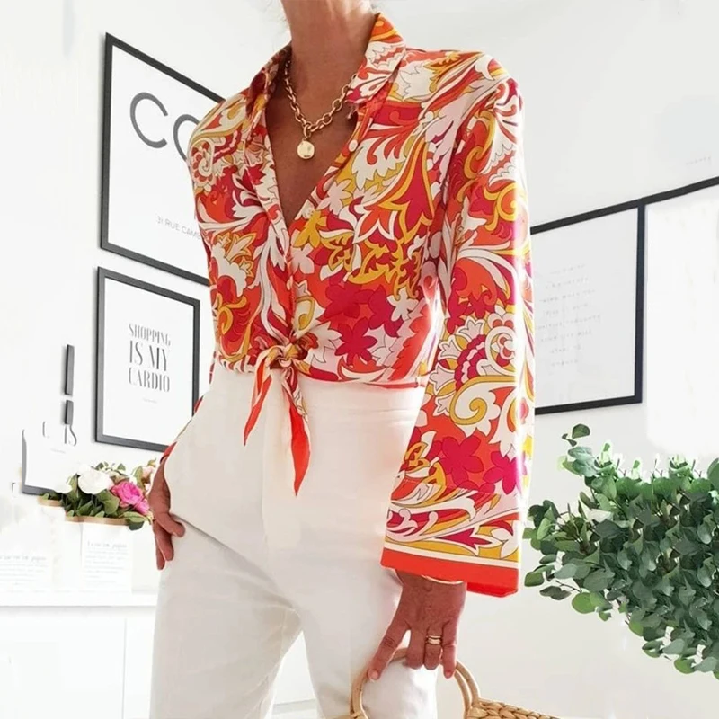 

Vintage Pattern Printed Office Lady Blouses 2021 Spring Turn-down Collar Button Shirts Autumn Long Sleeve Loose Women Tops Blusa