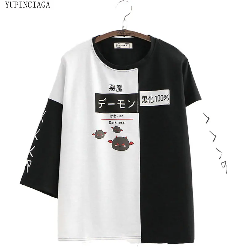 

Женская хлопковая футболка, в стиле Харадзюку, летняя, свободная, с круглым вырезом, в стиле пэчворк