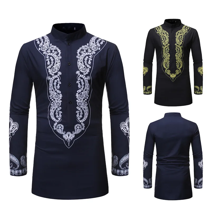 

Men's Long Paragraph Middle Slim Fit Shirt Men's National Wind Long-sleeved Printed Shirt